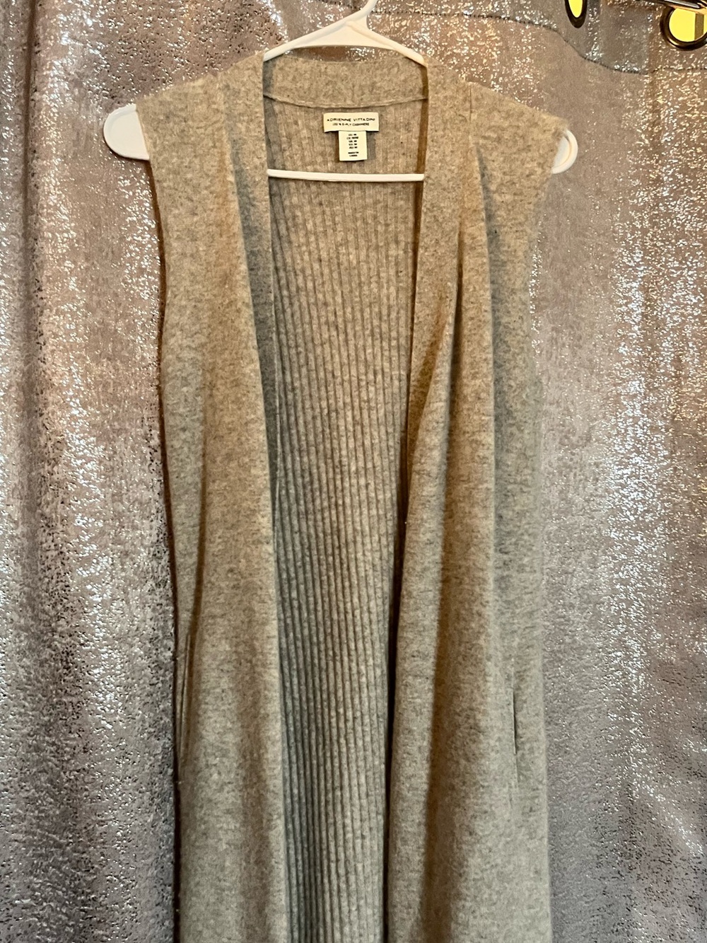 Adrienne Vittadini Sleeveless Open-Front Ribbed Long Cardigan Vest - Light Gray